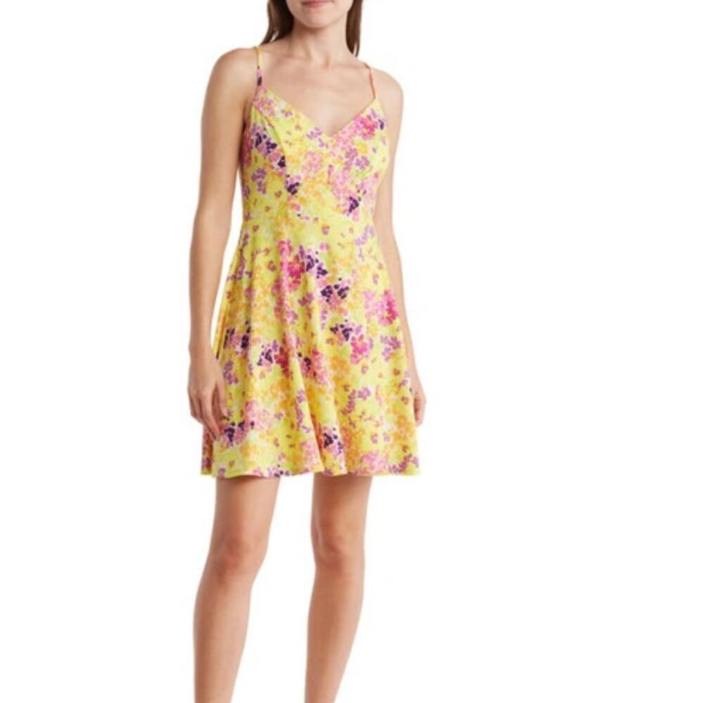 Abound V Neck Skater Dress Pink Yellow Painted Floral Mini Girly Summer Small